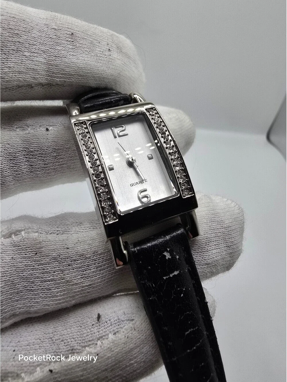 Women’s Quartz Analog Rectangle Watch Silver Dial Diamond Bezel Black Leather